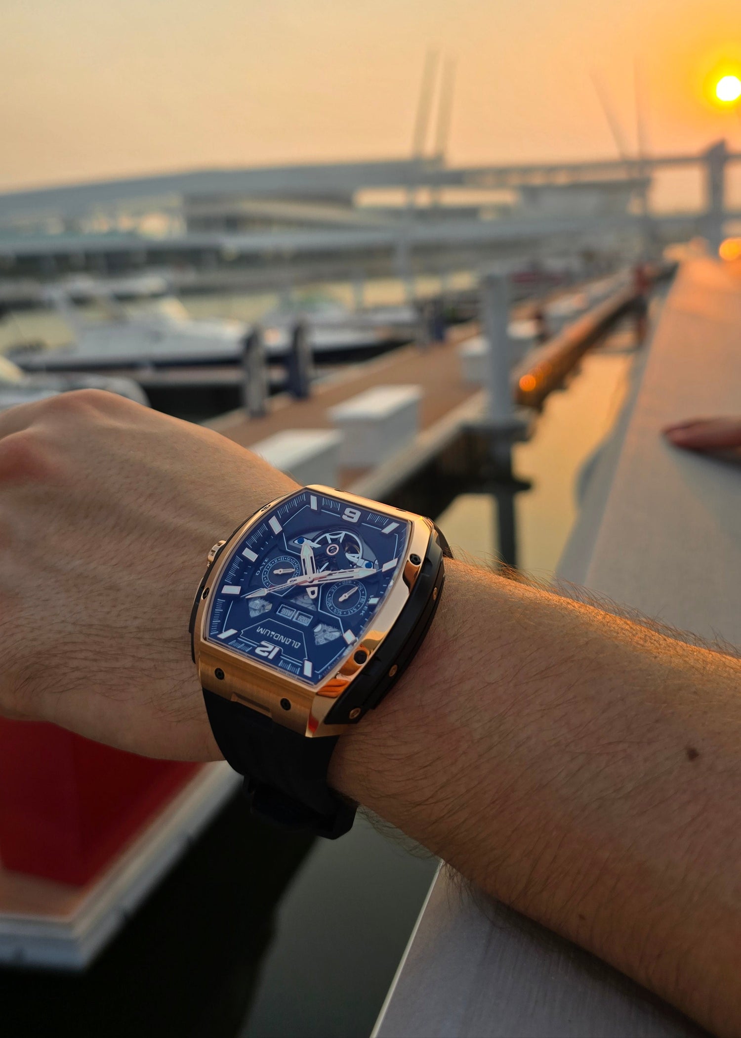 Hand wearing a luxury watch with a sunset or sunrise background