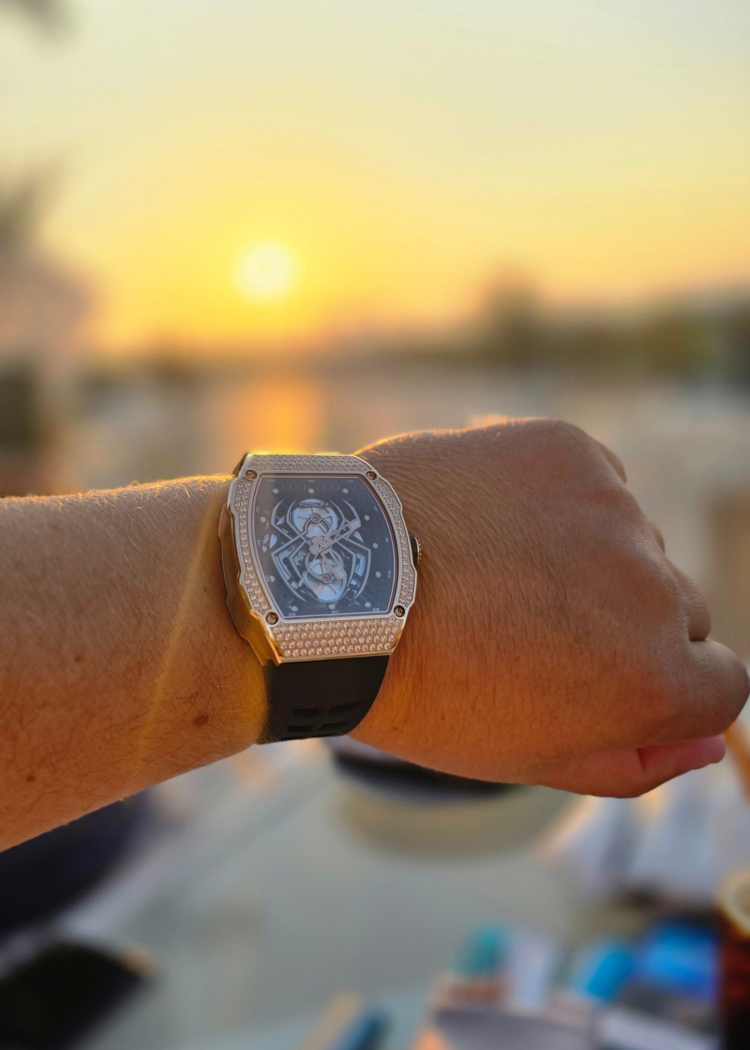 Hand wearing a luxury watch with a blurred background